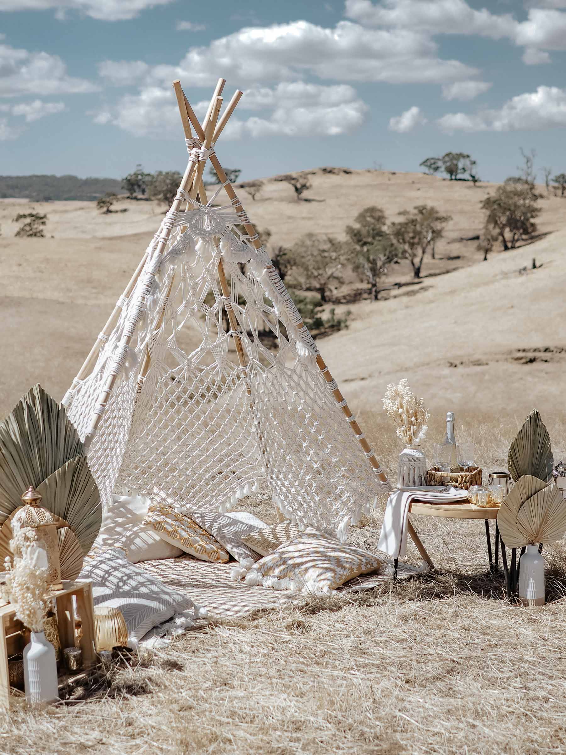 Macrame teepee picnic proposal in a field in the middle of nowhere