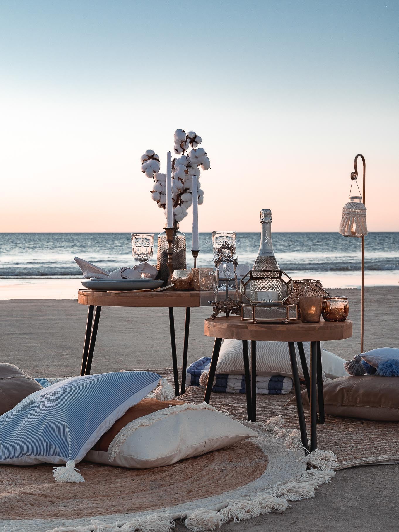 Beach picnic proposal in baby blue hues