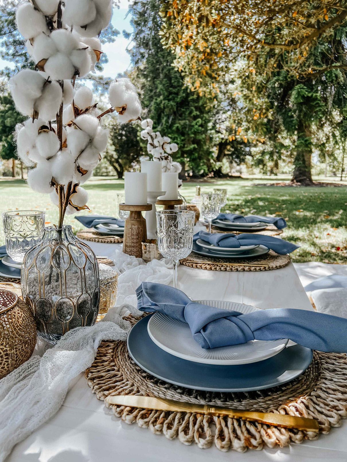 baby blue picnic in the park - table setting details with cotton and blue napkins