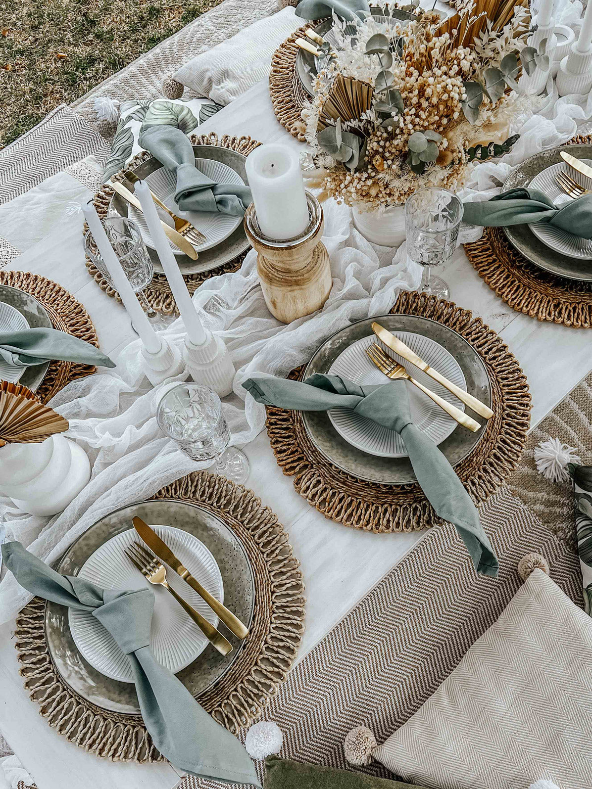 Sage green boho bridal shower picnic - wooden candle holders, concrete candle holders, eucalyptus dried floral arrangements