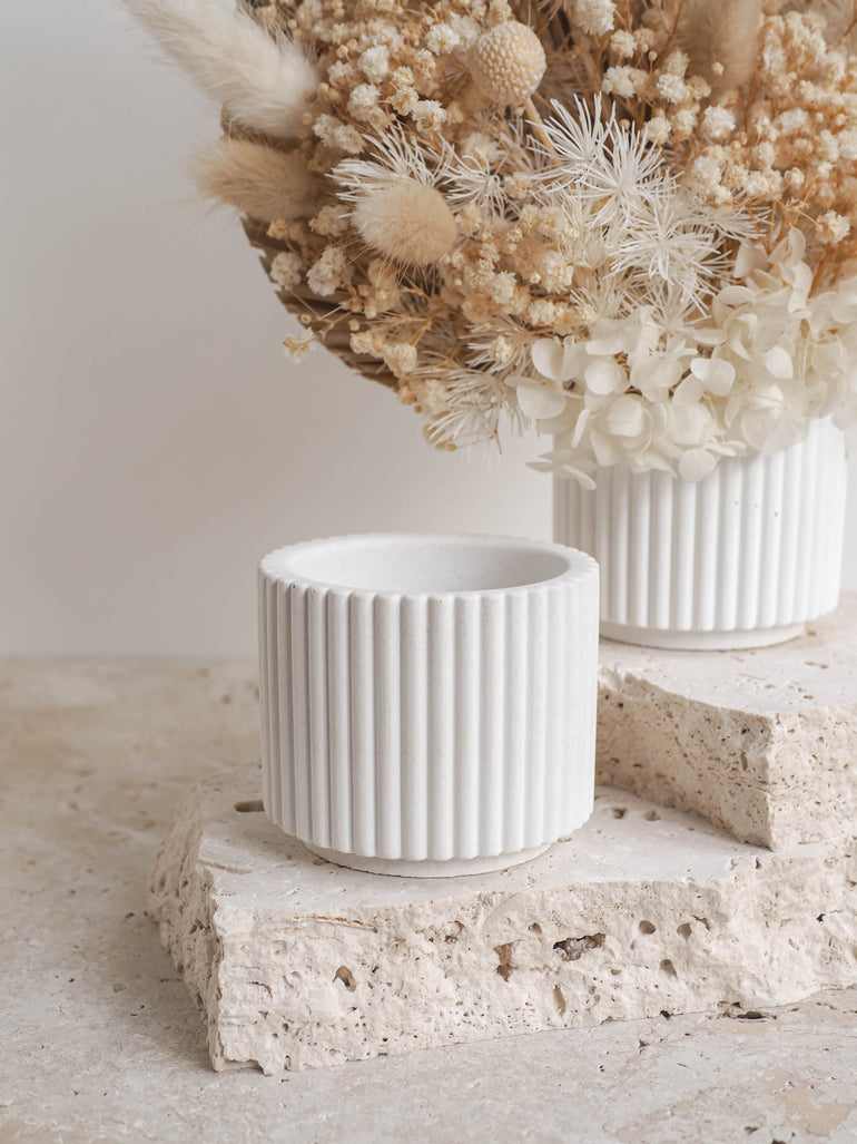 Detailed photo of our Hunter mini off white concrete pot showing the ribbed texture