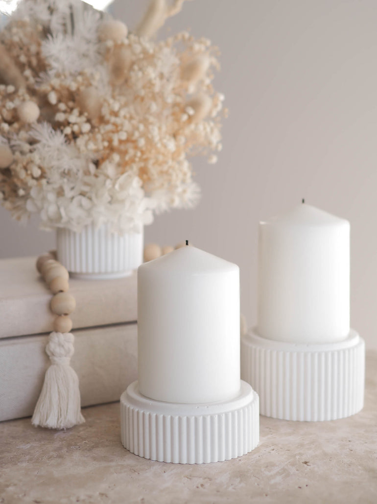 Small and large mason pillar candle holders with our Hunter mini pot - displayed on some books