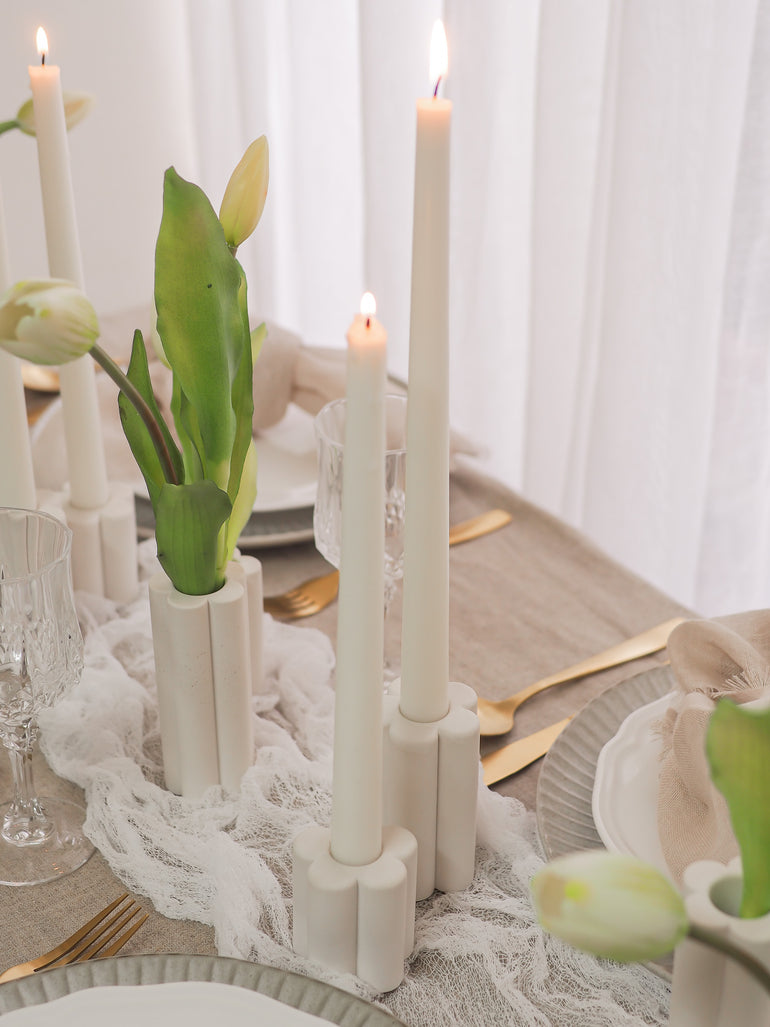 Close up of Willow candle holders on a romantic table setting with taupe colour scheme
