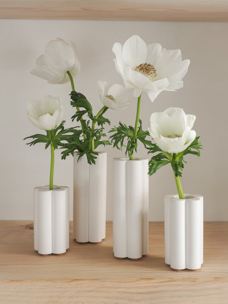 Set of 2 Palomino vases with freshly cut anemone flowers in them on a wooden shelf
