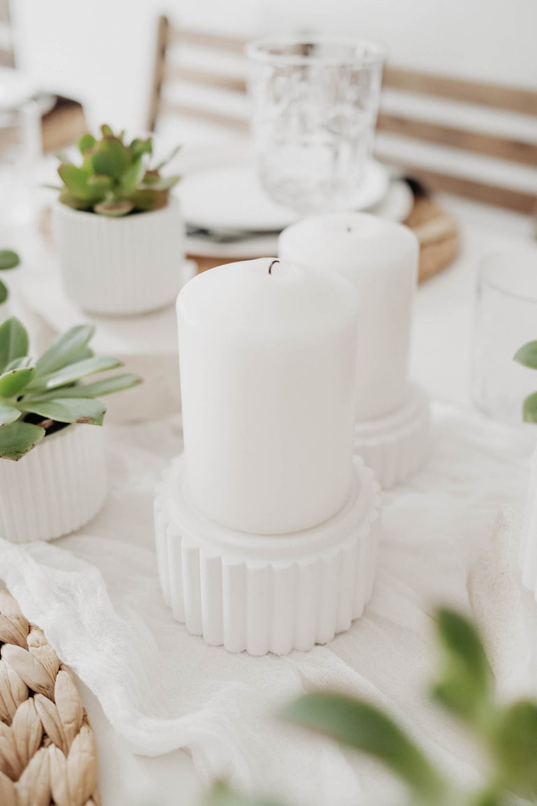 Large Preston candle holder displayed with succulents as a centrepiece for a wedding