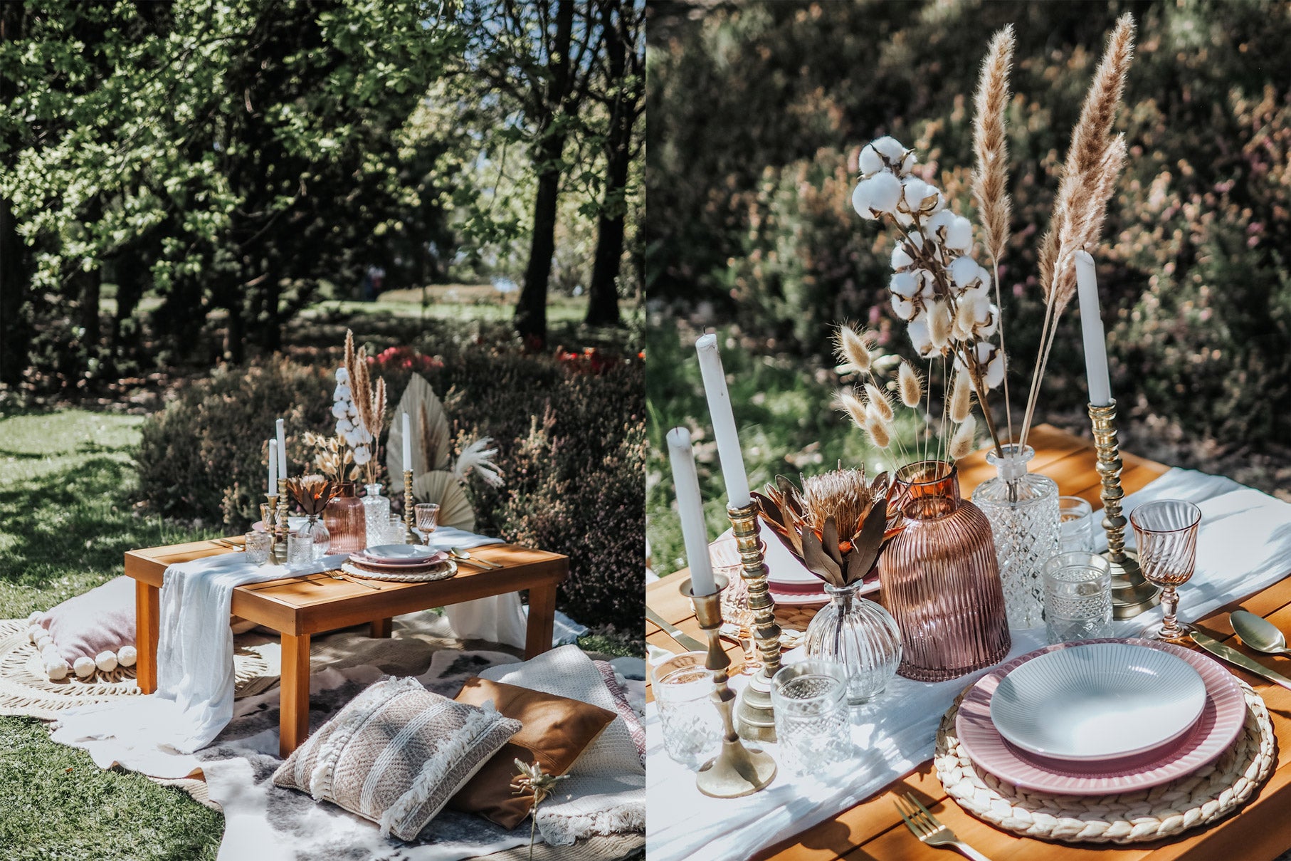 Baby pink surprise picnic proposal in a garden setting