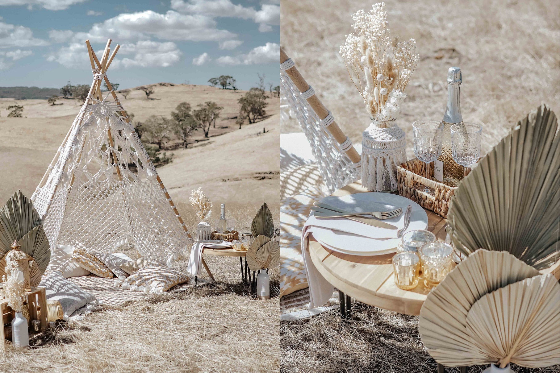 Teepee picnic proposal in an empty field