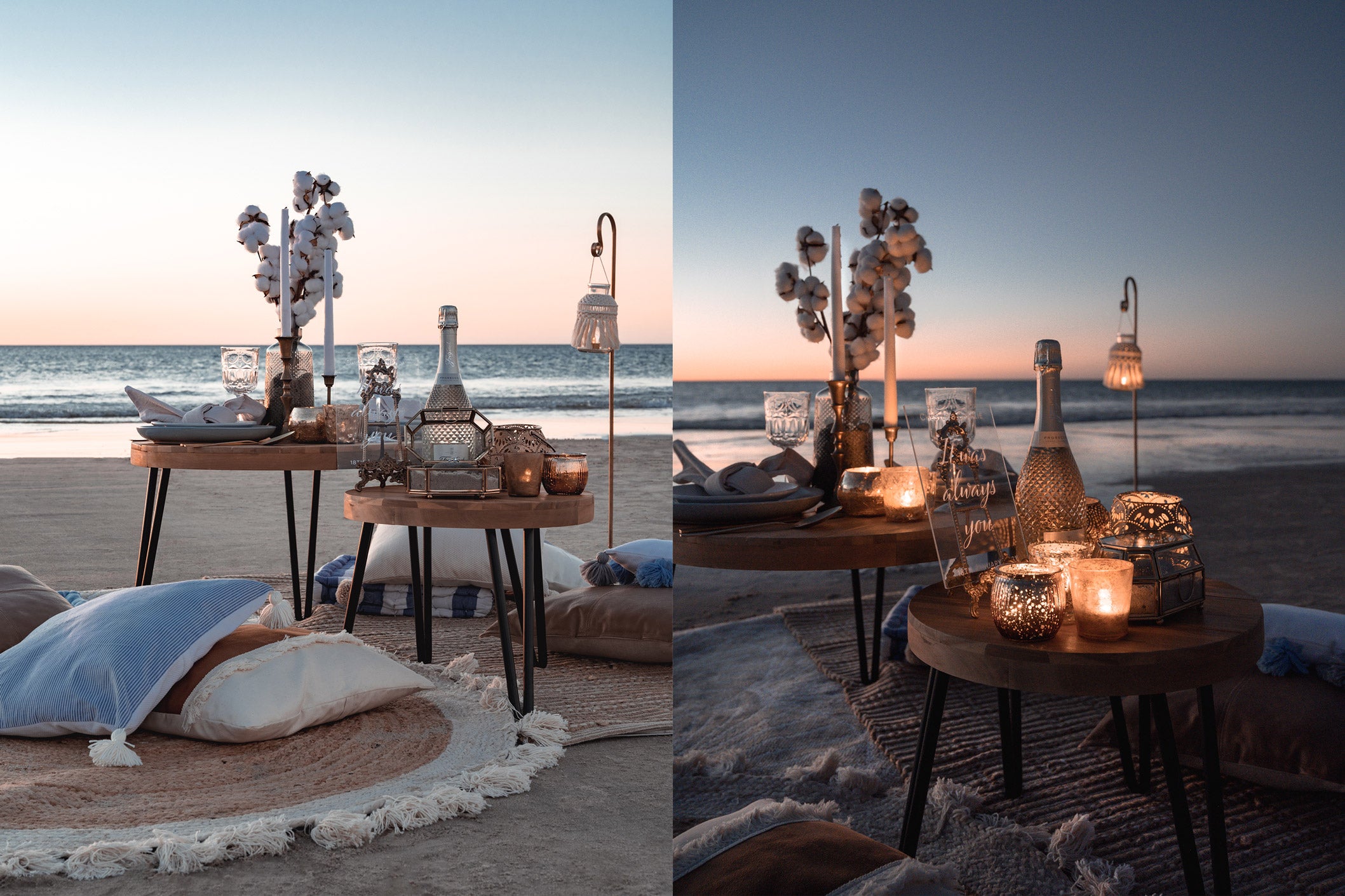 Beach picnic proposal at sunset