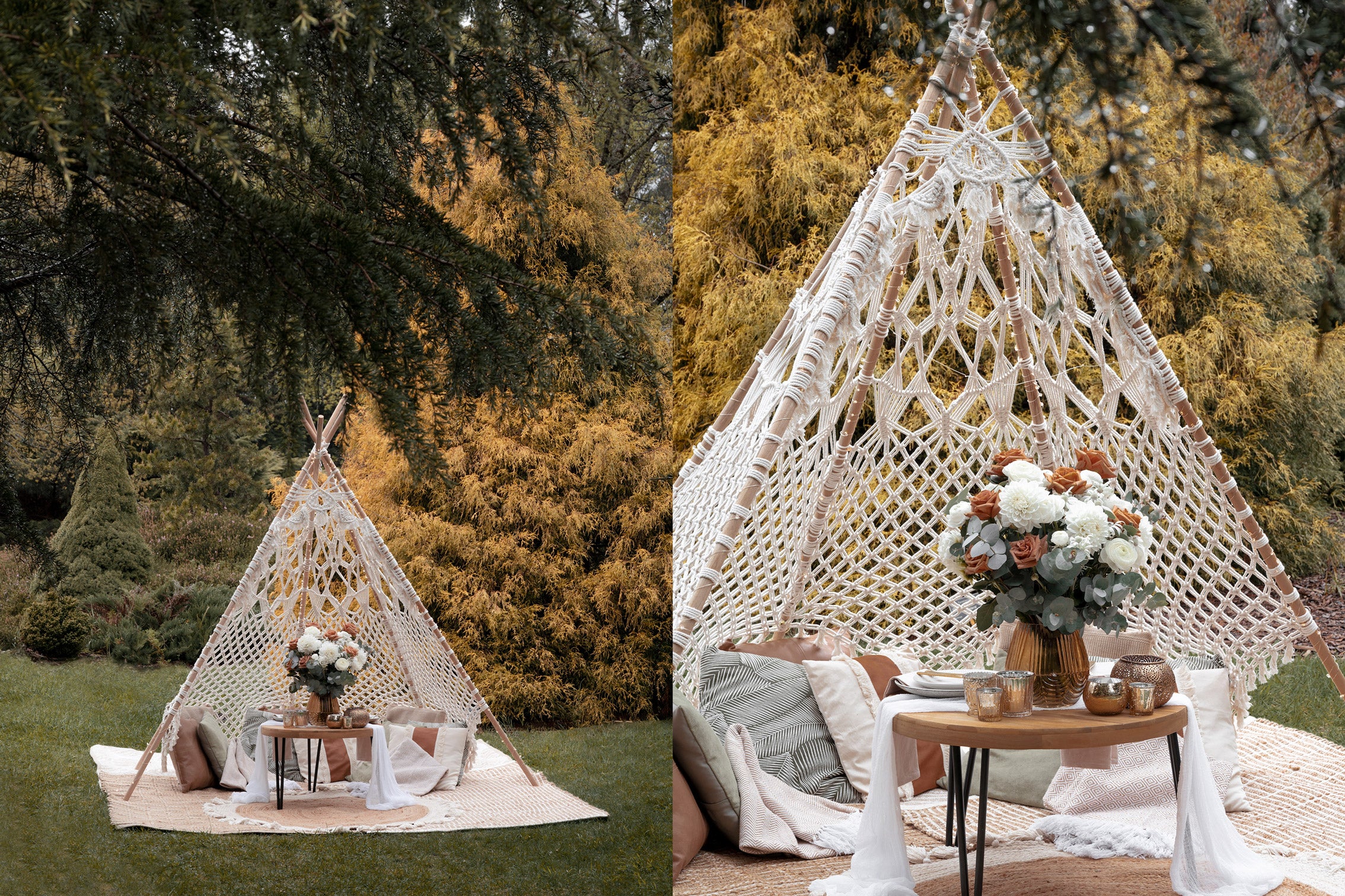 Macrame teepee picnic proposal in a garden setting