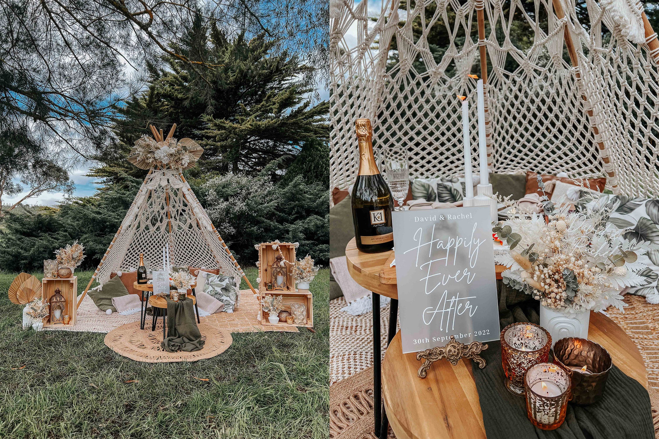 Teepee picnic proposal with shades of green, tan, and neutrals