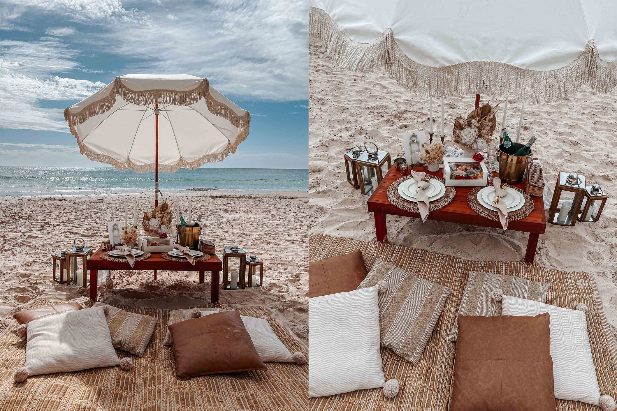 Boho beach picnic with beach umbrella